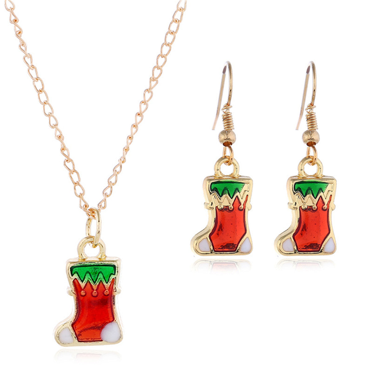 Red Enamel and 18K Gold-Plated Stocking Pendant Necklace and Drop Earrings, gold drop earrings for women, front view
