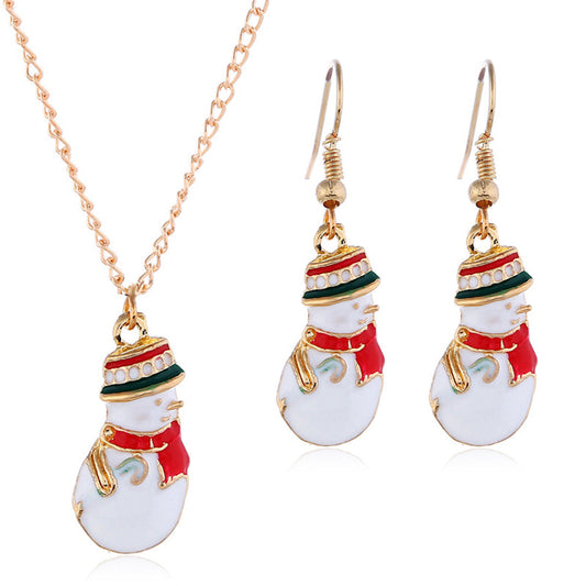 Red Enamel and 18K Gold-Plated Snowman Dangle Earring Pendant Necklace Set, gold drop earrings for women, front view