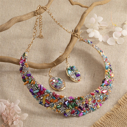 Multicolor Resin and 18K Gold-Plated Oval Cluster Statement Necklace and Drop Earrings, gold drop earrings..., front view