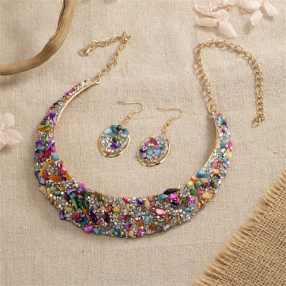 Multicolor Resin and 18K Gold-Plated Oval Cluster Statement Necklace and Drop Earrings, gold drop..., detail close-up