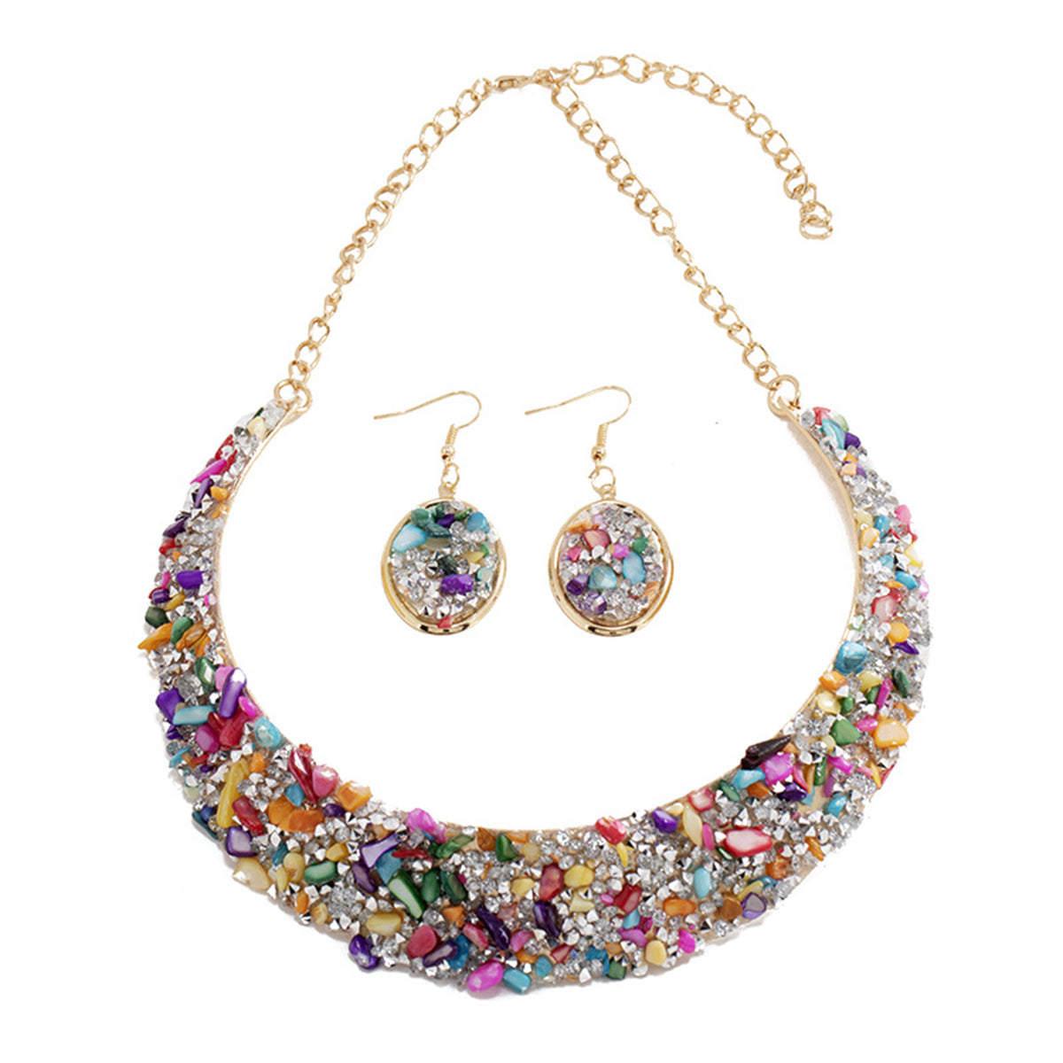 Multicolor Resin and 18K Gold-Plated Oval Cluster Statement Necklace and Drop Earrings, gold drop earrings for..., side view