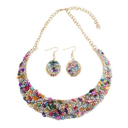 Multicolor Resin and 18K Gold-Plated Oval Cluster Statement Necklace and Drop Earrings, gold drop earrings for..., side view