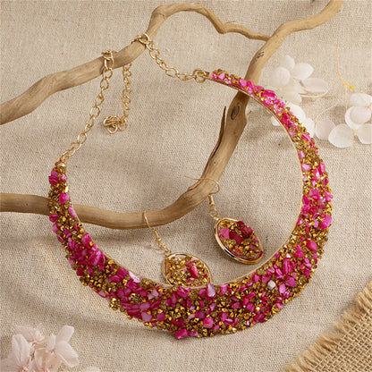 Rose Resin and 18K Gold-Plated Oval Cluster Statement Necklace and Drop Earrings, gold drop earrings for women, front view