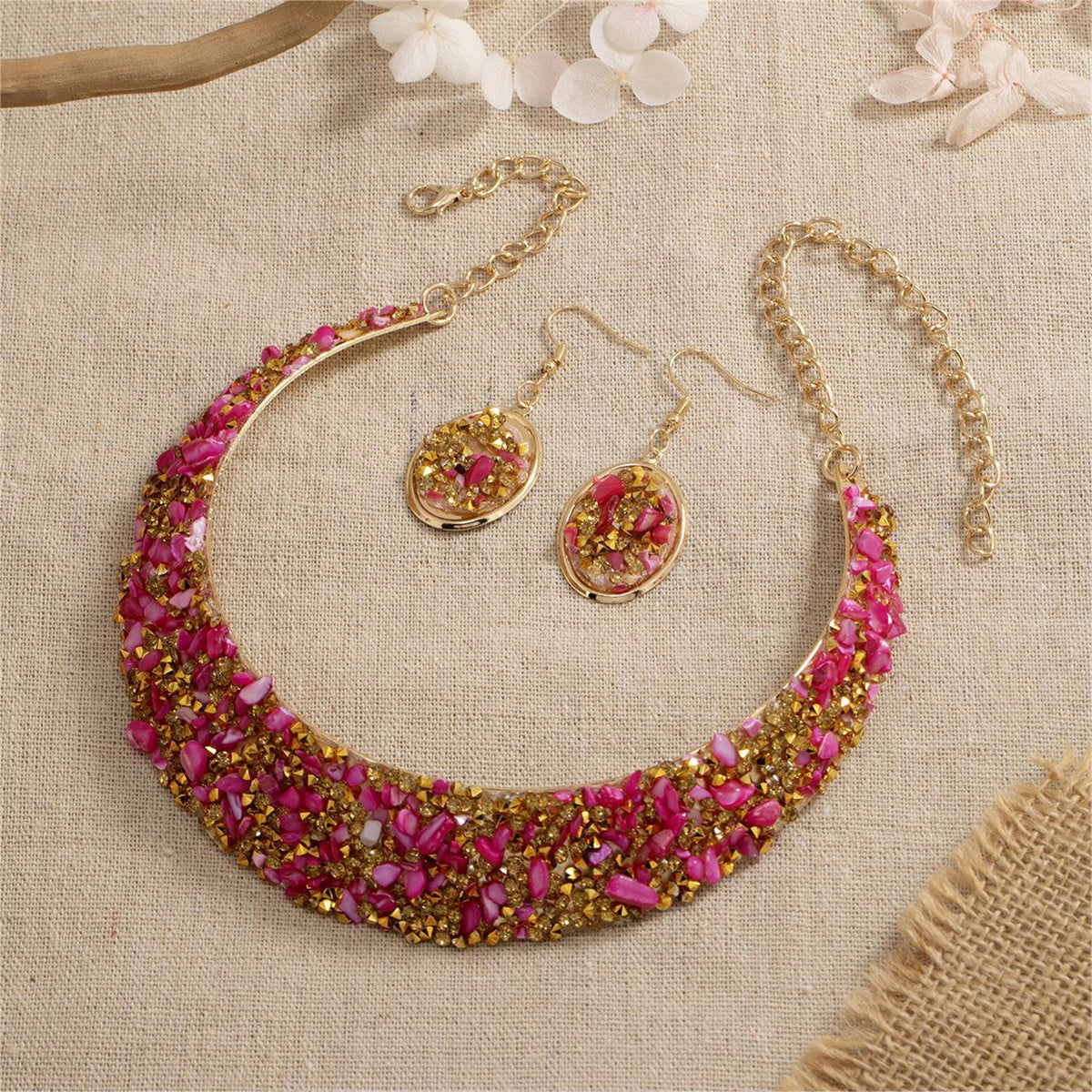 Rose Resin and 18K Gold-Plated Oval Cluster Statement Necklace and Drop Earrings, gold drop earrings for women, side view