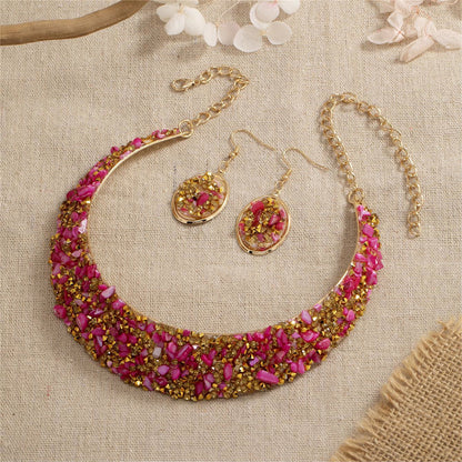 Rose Resin and 18K Gold-Plated Oval Cluster Statement Necklace and Drop Earrings, gold drop earrings for women, side view