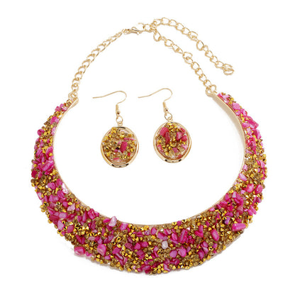 Rose Resin and 18K Gold-Plated Oval Cluster Statement Necklace and Drop Earrings, gold drop earrings for..., detail close-up