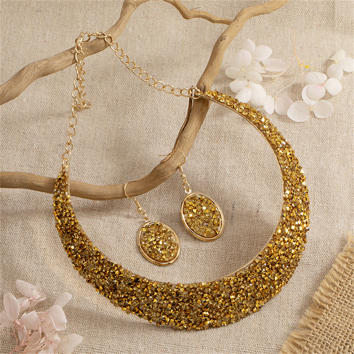 18K Gold-Plated Cluster Statement Necklace and Drop Earrings, gold drop earrings for women, everyday style, front view