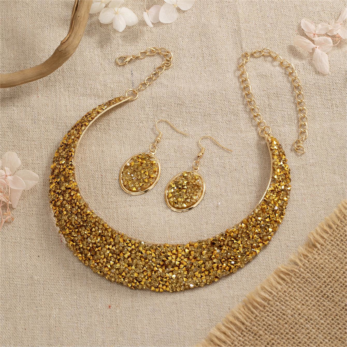 18K Gold-Plated Cluster Statement Necklace & Drop Earrings