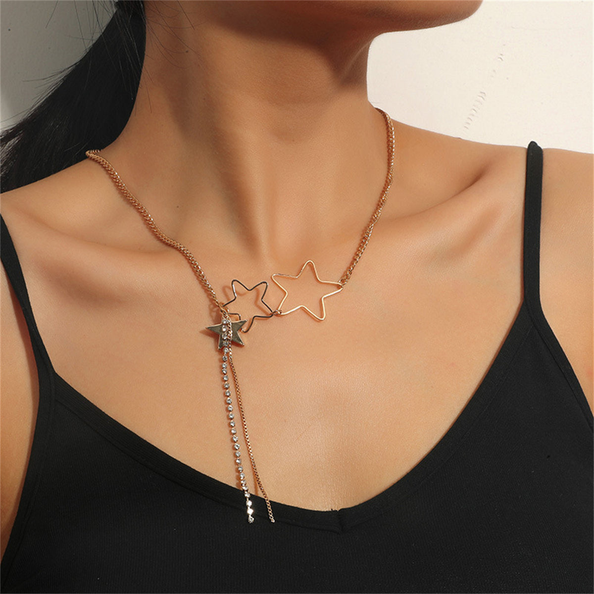 Cubic Zirconia and 18K Gold-Plated Star Tassel Pendant Necklace, gold pendant necklace for women, front view