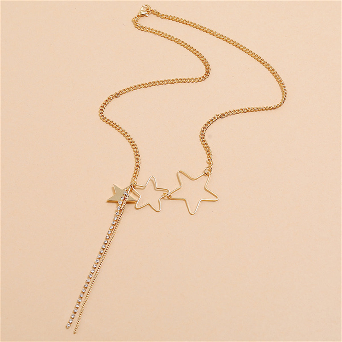 Cubic Zirconia and 18K Gold-Plated Star Tassel Pendant Necklace, gold pendant necklace for women, detail close-up