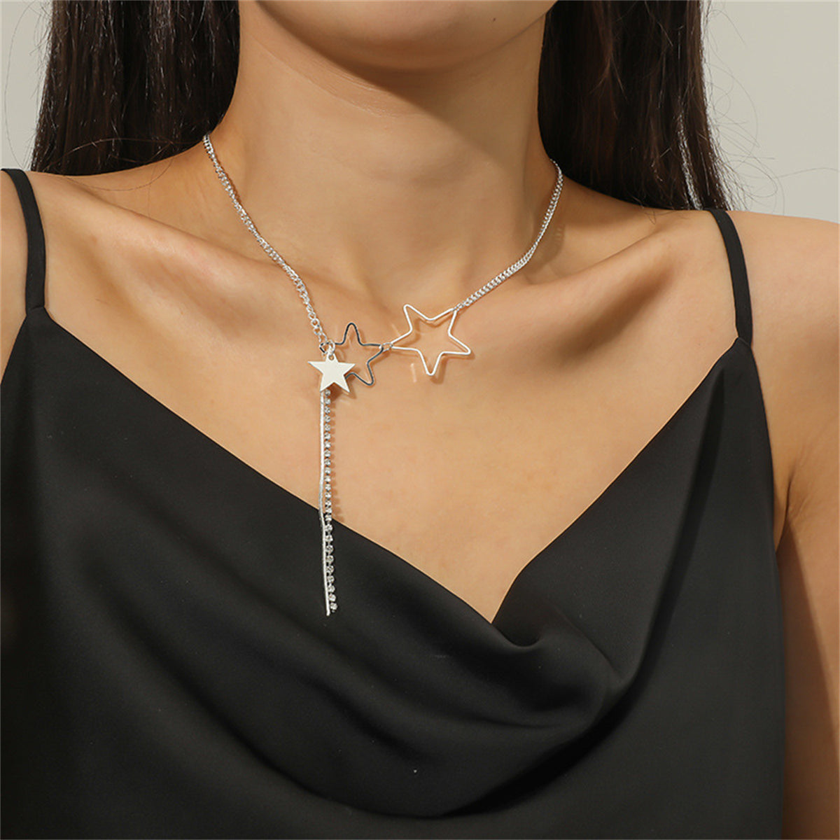 Cubic Zirconia and Silver-Plated Star Tassel Pendant Necklace, silver pendant necklace for women, everyday style, front view