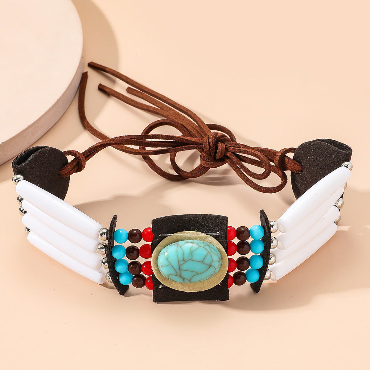 White and Turquoise Boho-Style Choker Necklace, chunky choker necklace, everyday style, front view