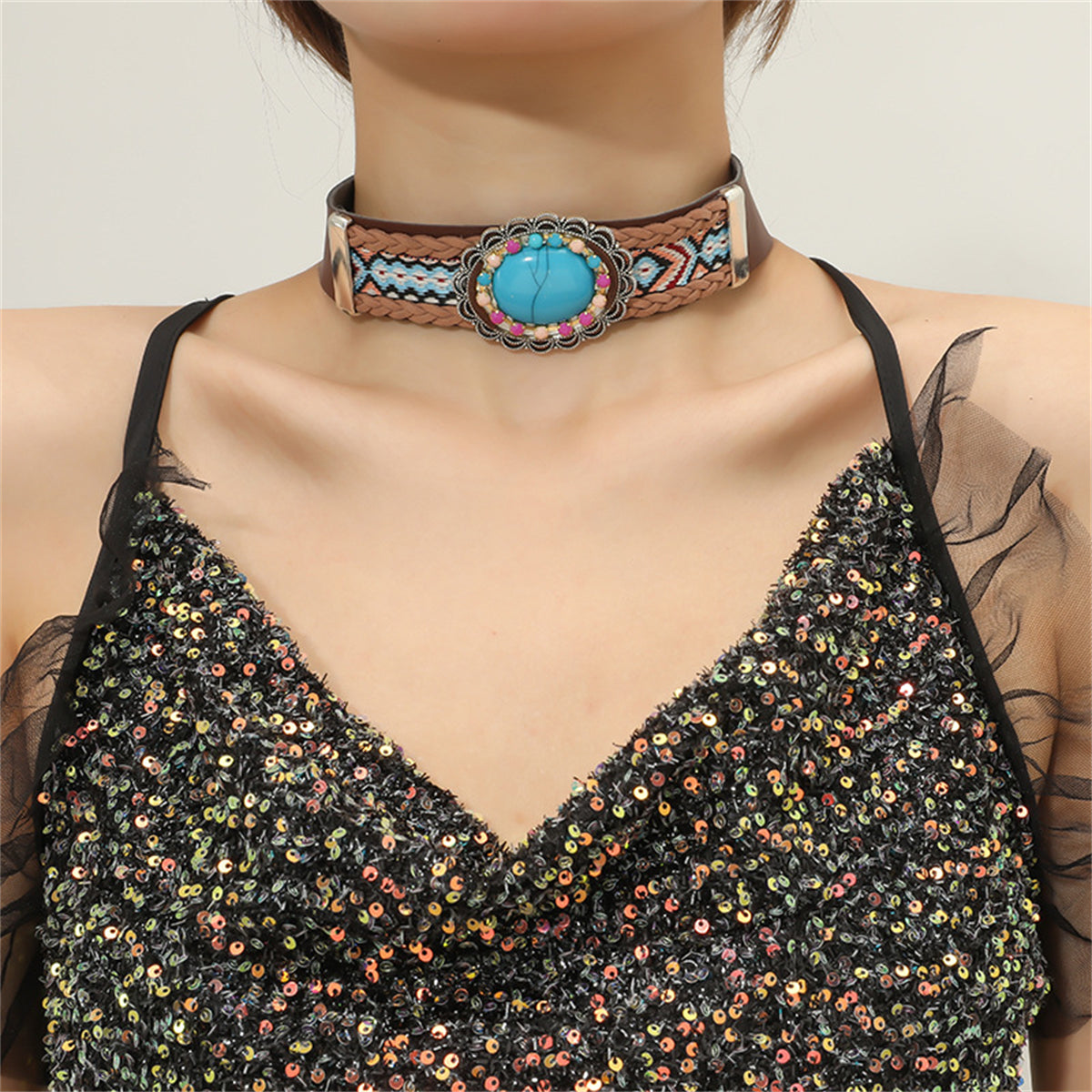 Turquoise and Cubic Zirconia Oval Flower Choker Necklace, chunky choker necklace, dainty minimalist design, front view