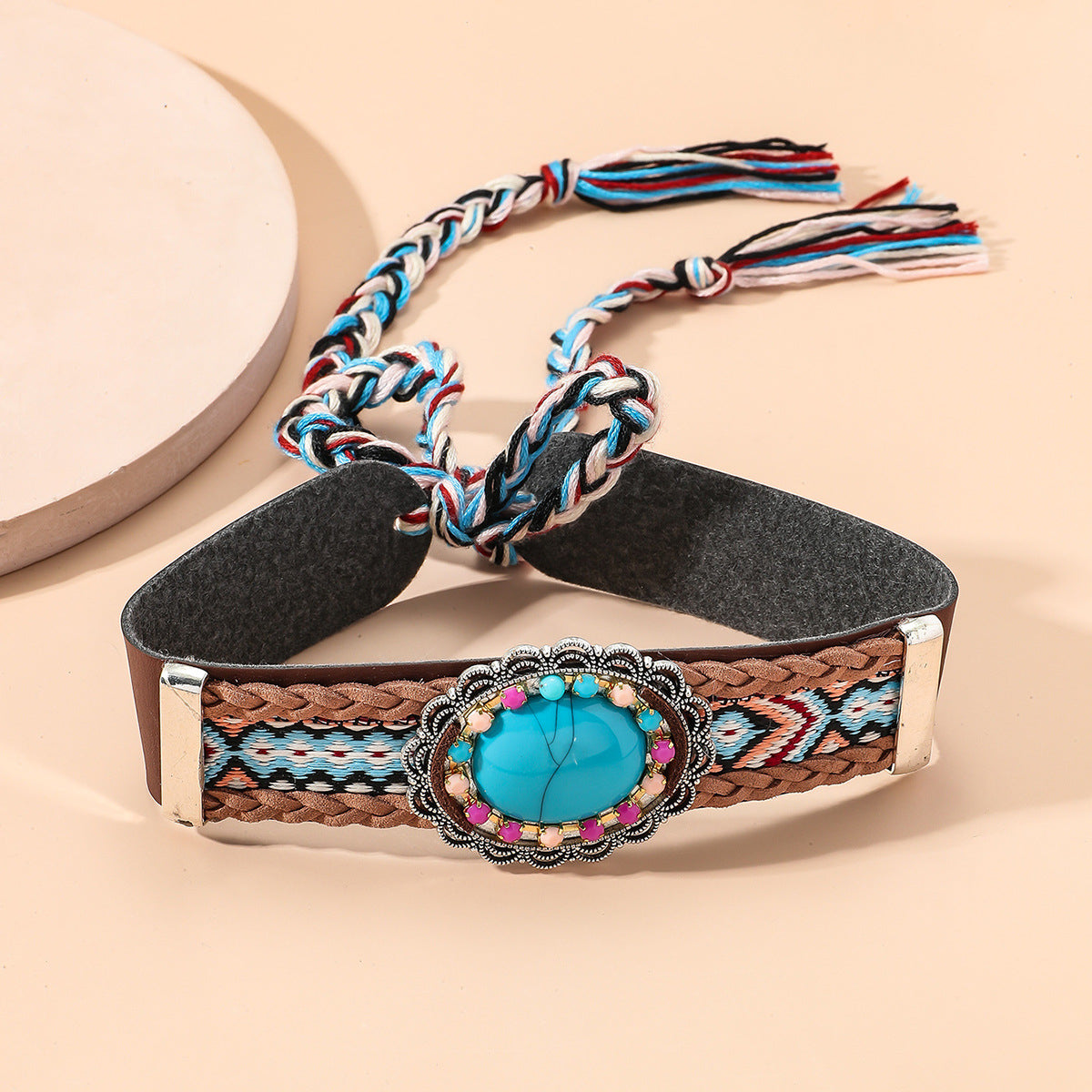 Turquoise and Cubic Zirconia Oval Flower Choker Necklace, chunky choker necklace, dainty minimalist design, detail close-up