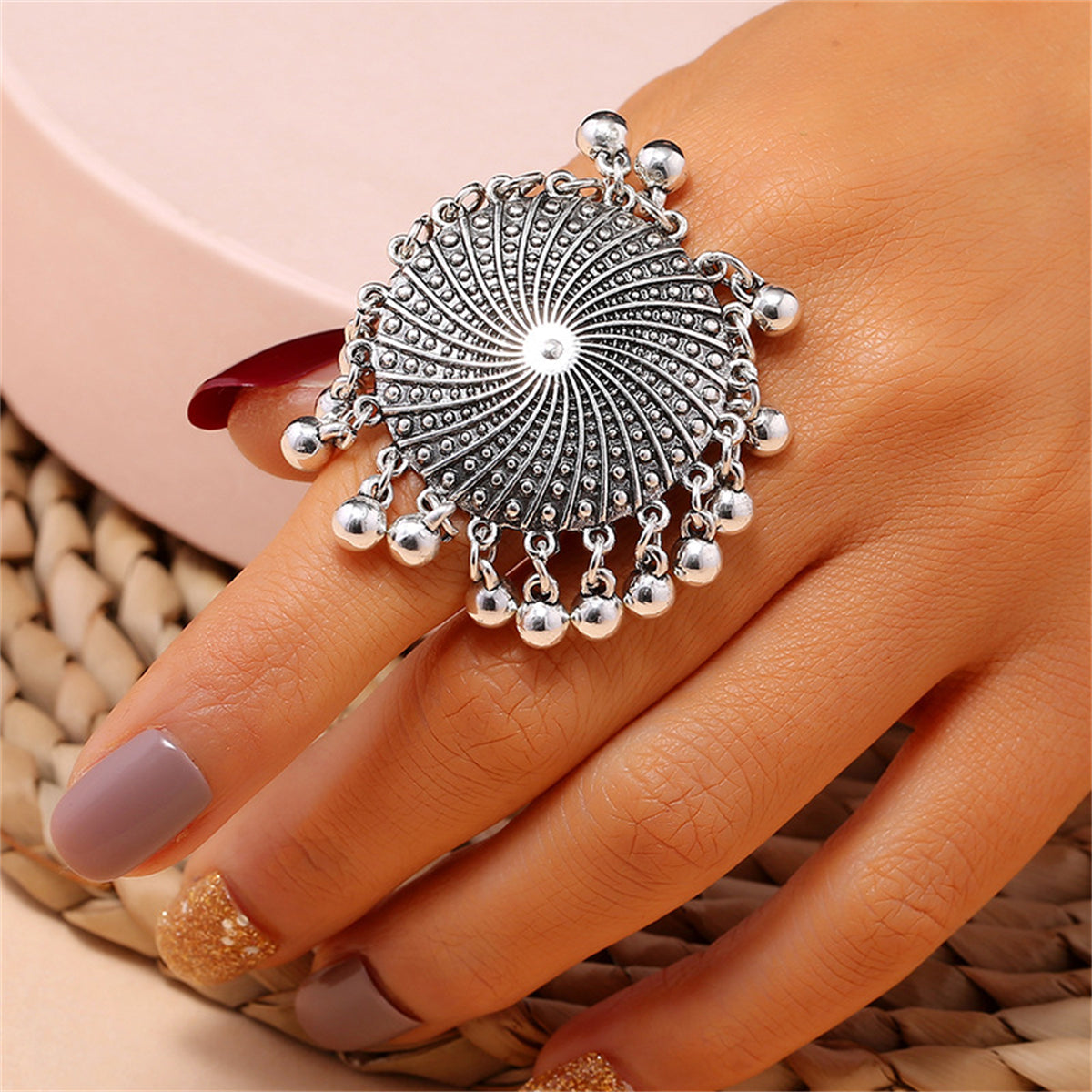 Silver-Plated Bead Tassel Adjustable Ring, silver statement rings for women, elegant gift for her, front view