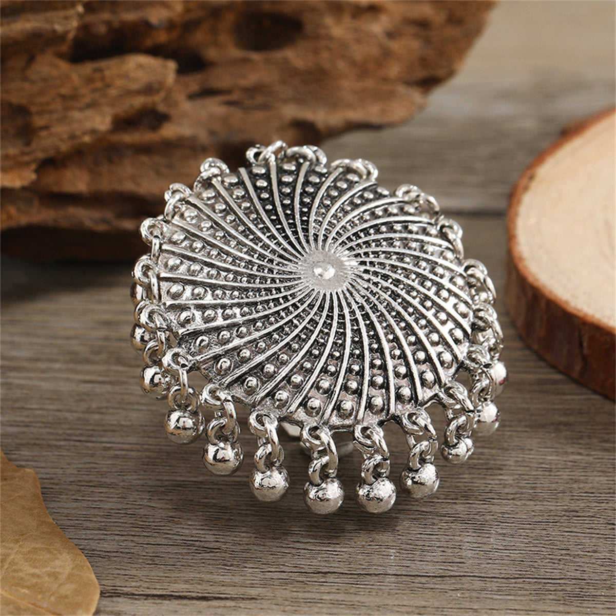 Silver-Plated Bead Tassel Adjustable Ring, silver statement rings for women, elegant gift for her, lifestyle look