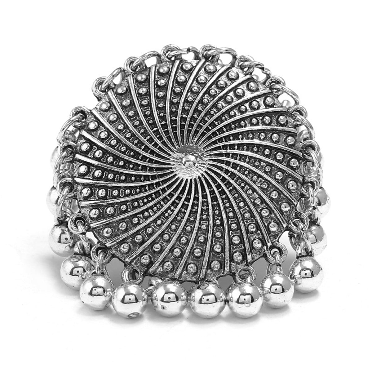 Silver-Plated Bead Tassel Adjustable Ring, silver statement rings for women, elegant gift for her, side view