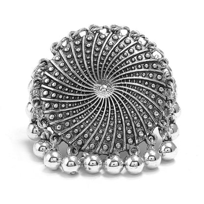 Silver-Plated Bead Tassel Adjustable Ring, silver statement rings for women, elegant gift for her, side view
