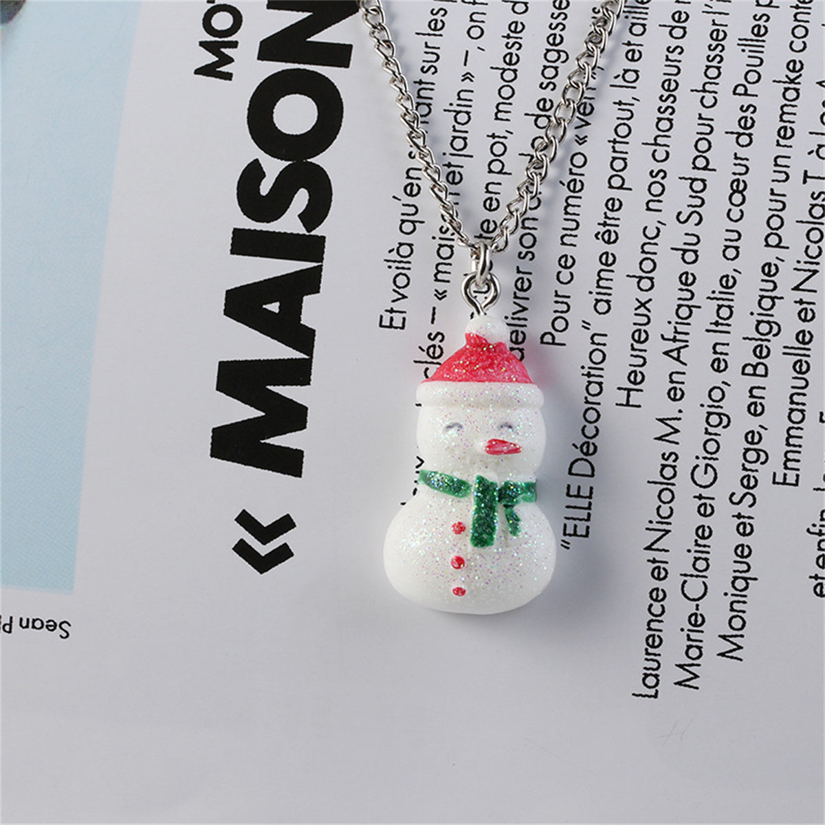 Red and White Snowman Pendant Necklace, pendant necklace for women, dainty minimalist design, side view