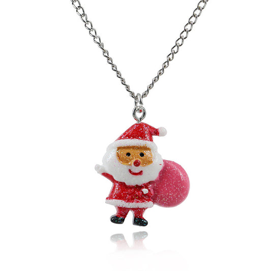 Red Acrylic and Silver-Plated Santa Pendant Necklace, silver pendant necklace for women, vintage-inspired design, front view