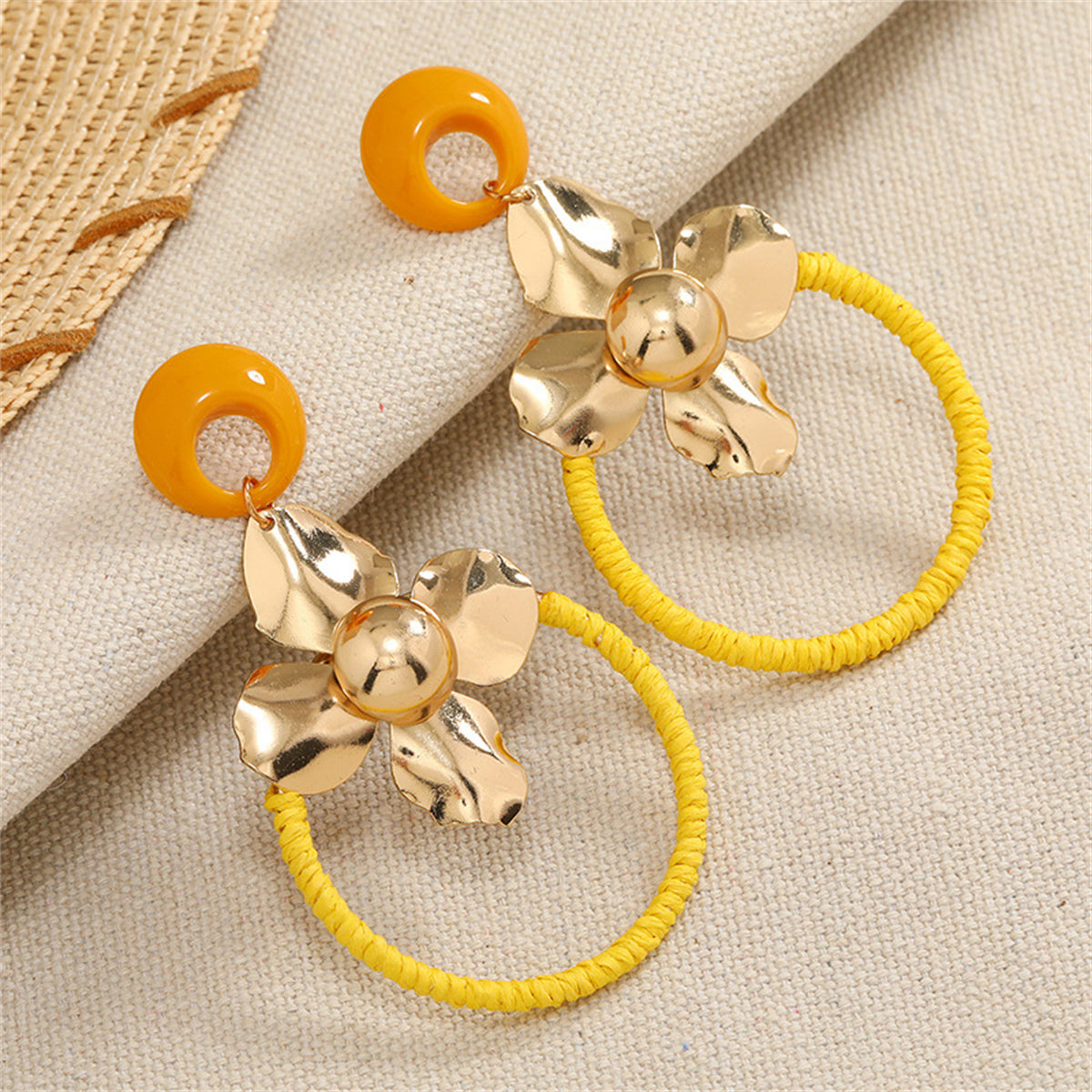 Resin and 18K Gold-Plated Flower Circle Drop Earrings, gold drop earrings for women, dainty minimalist design, front view