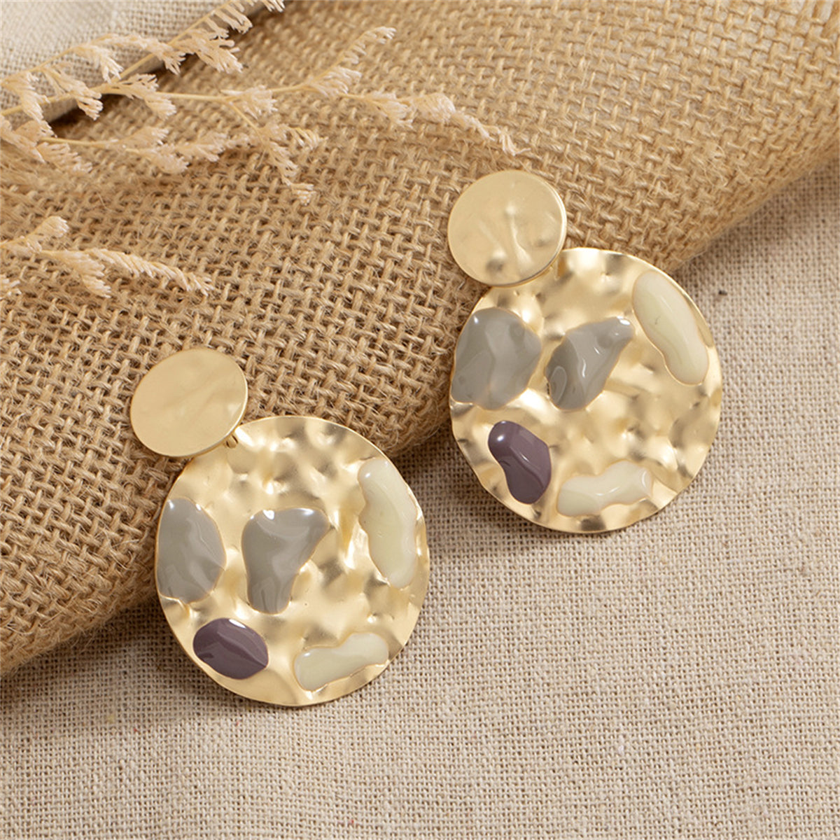Taupe Enamel and 18K Gold-Plated Textured Round Drop Earrings, gold drop earrings for women, elegant gift for her, side view