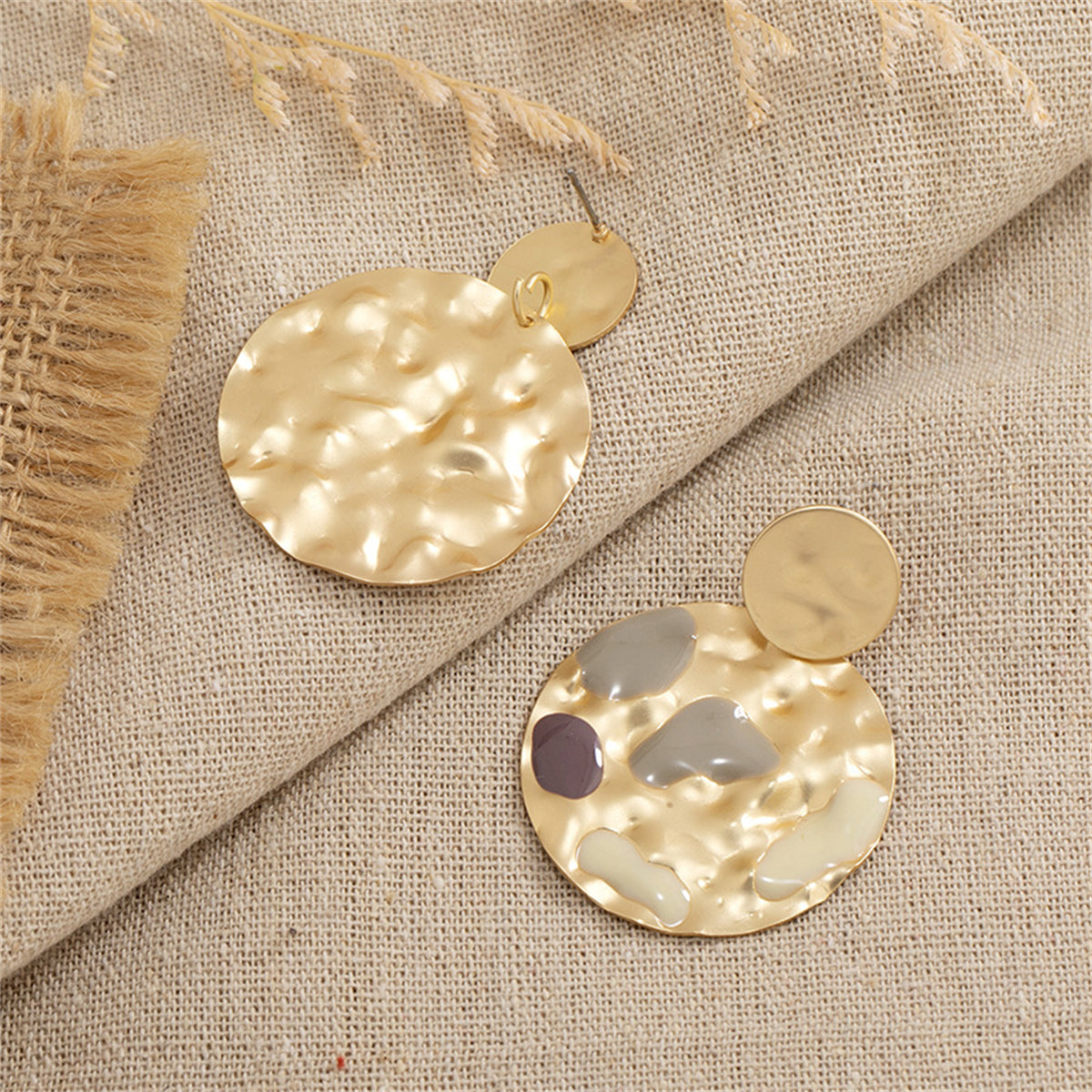Taupe Enamel and 18K Gold-Plated Textured Round Drop Earrings, gold drop earrings for women, detail close-up