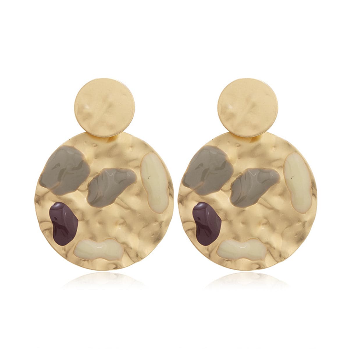 Taupe Enamel and 18K Gold-Plated Textured Round Drop Earrings, gold drop earrings for women, elegant gift for her, front view
