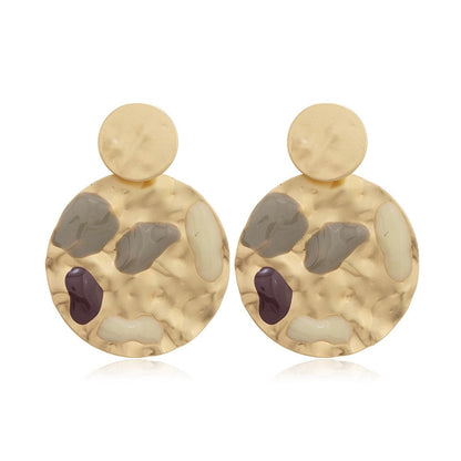 Taupe Enamel and 18K Gold-Plated Textured Round Drop Earrings, gold drop earrings for women, elegant gift for her, front view