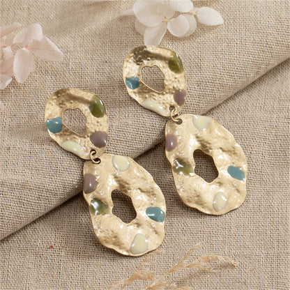 Taupe Enamel and 18K Gold-Plated Textured Oval Drop Earrings, gold drop earrings for women, front view