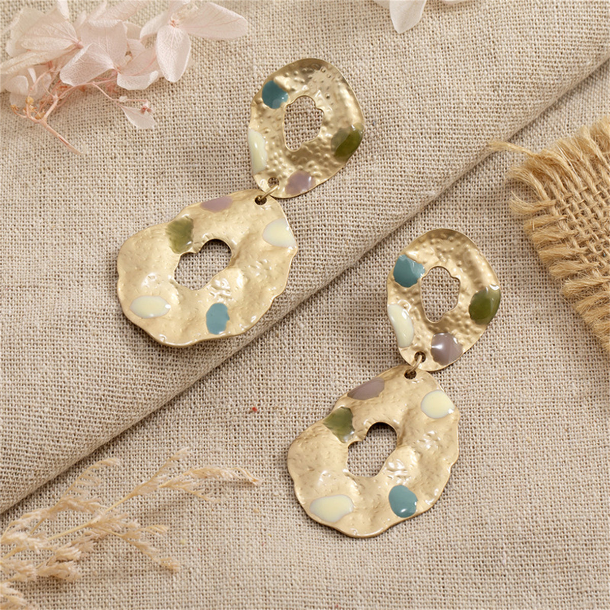 Taupe Enamel and 18K Gold-Plated Textured Oval Drop Earrings, gold drop earrings for women, detail close-up