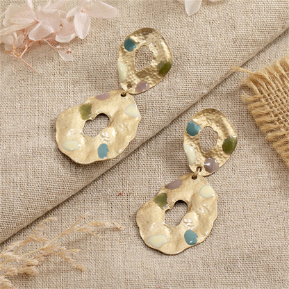 Taupe Enamel and 18K Gold-Plated Textured Oval Drop Earrings, gold drop earrings for women, detail close-up
