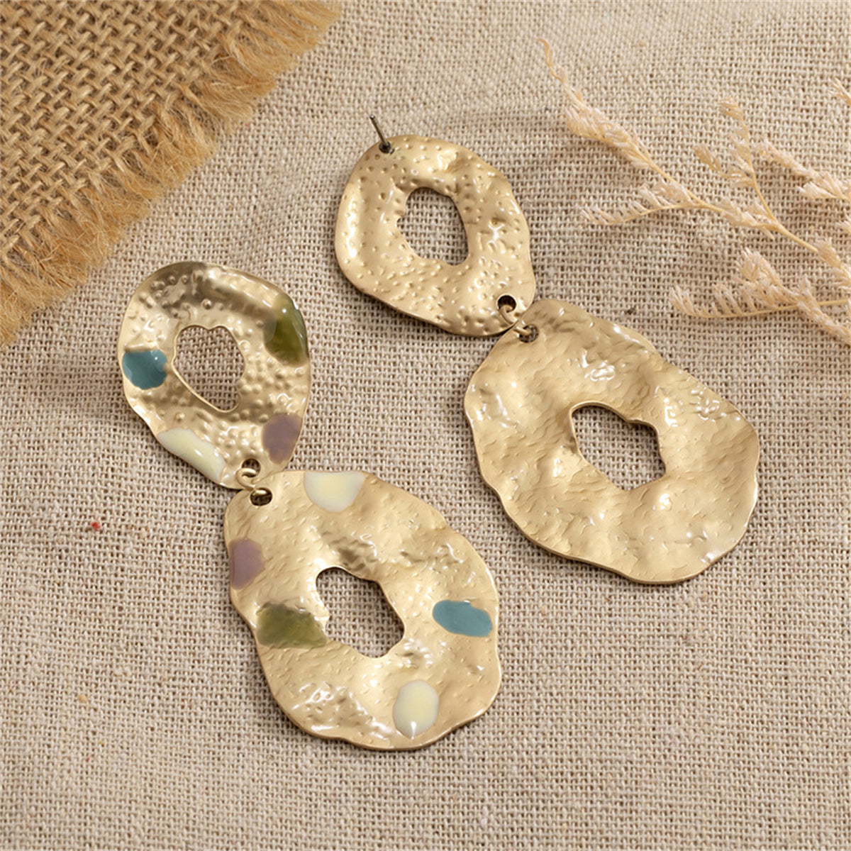 Taupe Enamel and 18K Gold-Plated Textured Oval Drop Earrings, gold drop earrings for women, lifestyle look