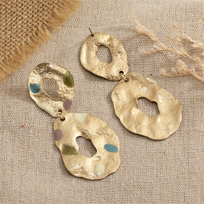 Taupe Enamel and 18K Gold-Plated Textured Oval Drop Earrings, gold drop earrings for women, lifestyle look