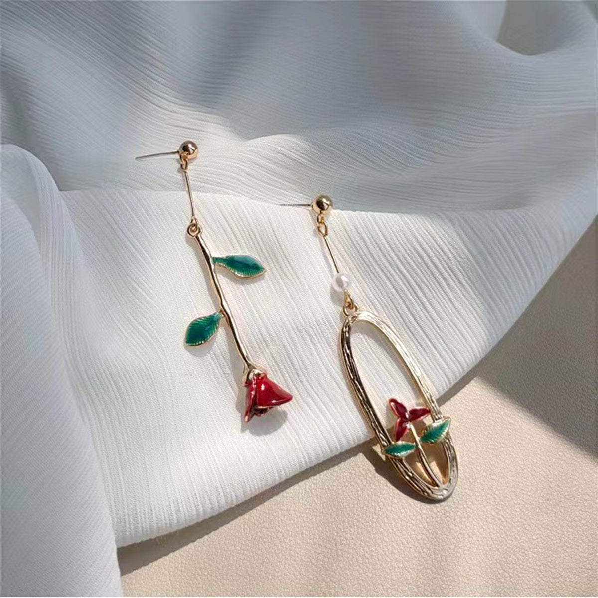 Red Enamel & Pearl 18K Gold-Plated Rose Mismatched Drop Earrings