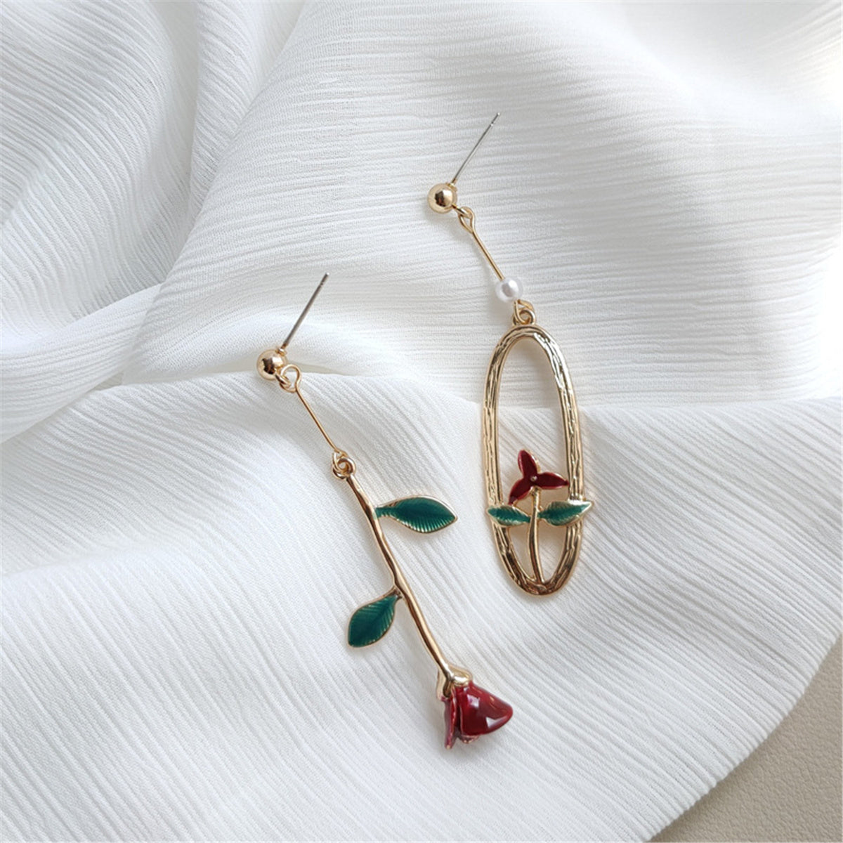 Red Enamel & Pearl 18K Gold-Plated Rose Mismatched Drop Earrings