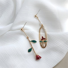 Red Enamel & Pearl 18K Gold-Plated Rose Mismatched Drop Earrings