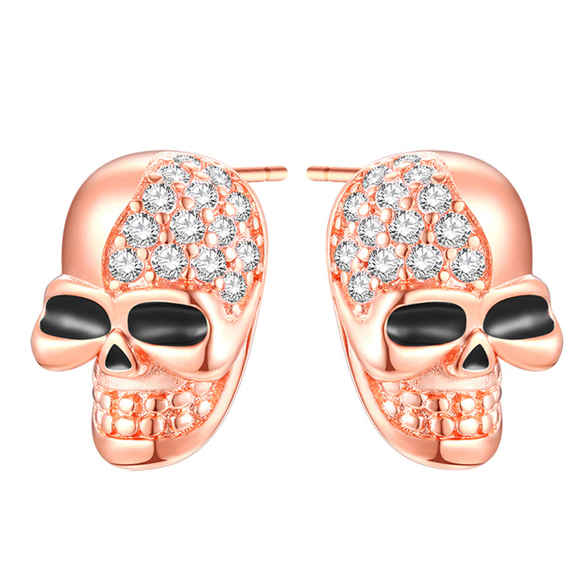 Cubic Zirconia & 18K Rose Gold-Plated Skull Stud Earrings