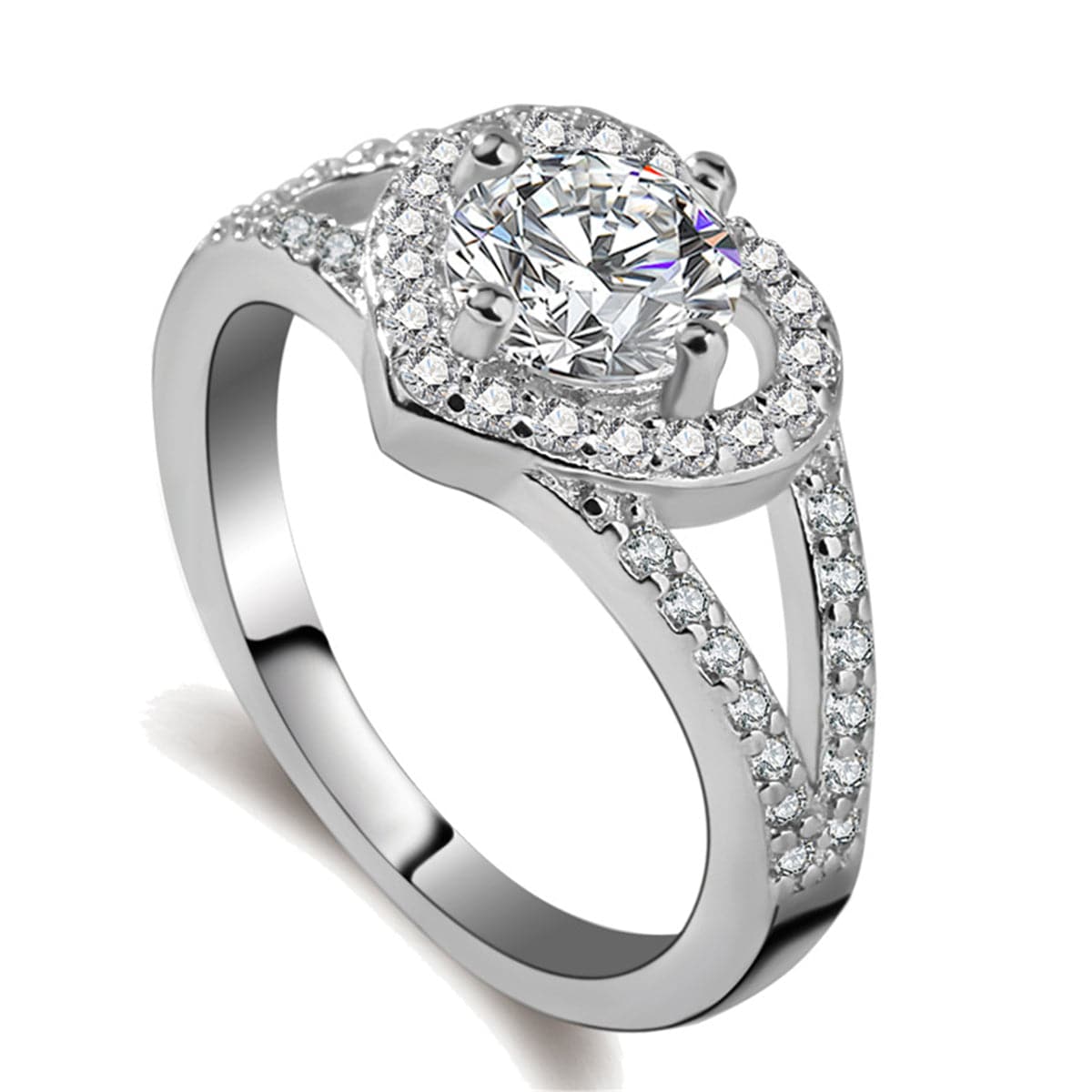 Cubic Zirconia and Crystal Silver-Plated Heart Ring, silver statement rings for women, elegant gift for her, side view