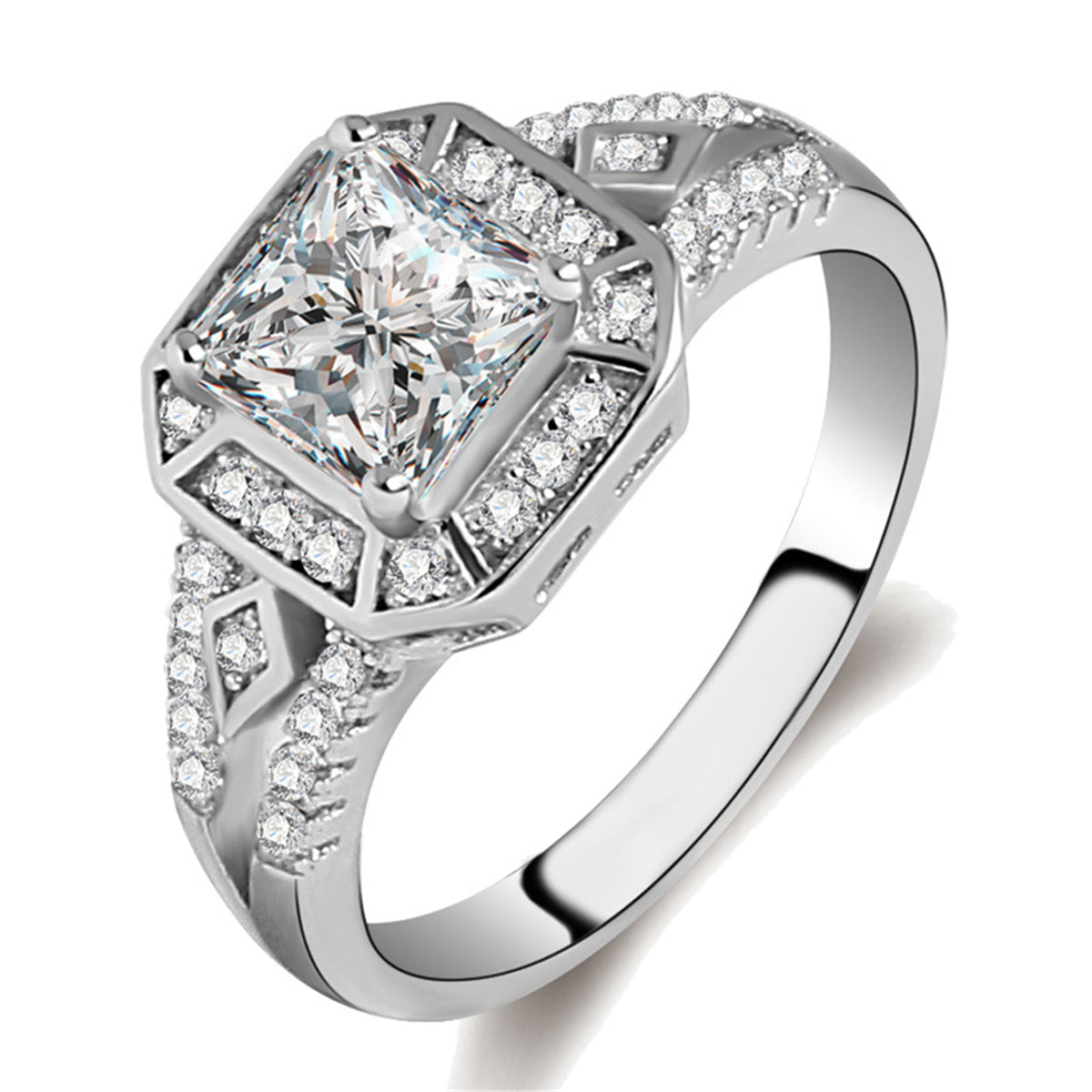 Cubic Zirconia and Crystal Silver-Plated Princess-Cut Ring, silver statement rings for women, front view