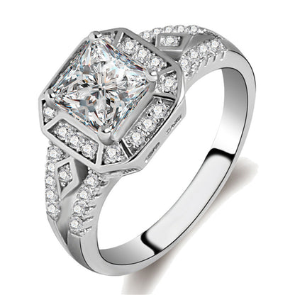 Cubic Zirconia and Crystal Silver-Plated Princess-Cut Ring, silver statement rings for women, front view