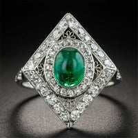 Green Cubic Zirconia & Silvertone Vintage-Inspired Rhombus Ring
