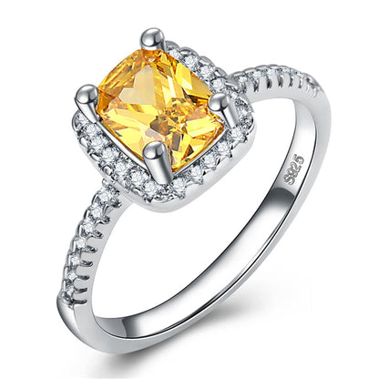 Yellow Crystal and Silver-Plated Square-Cut Ring, silver statement rings for women, vintage-inspired design, front view