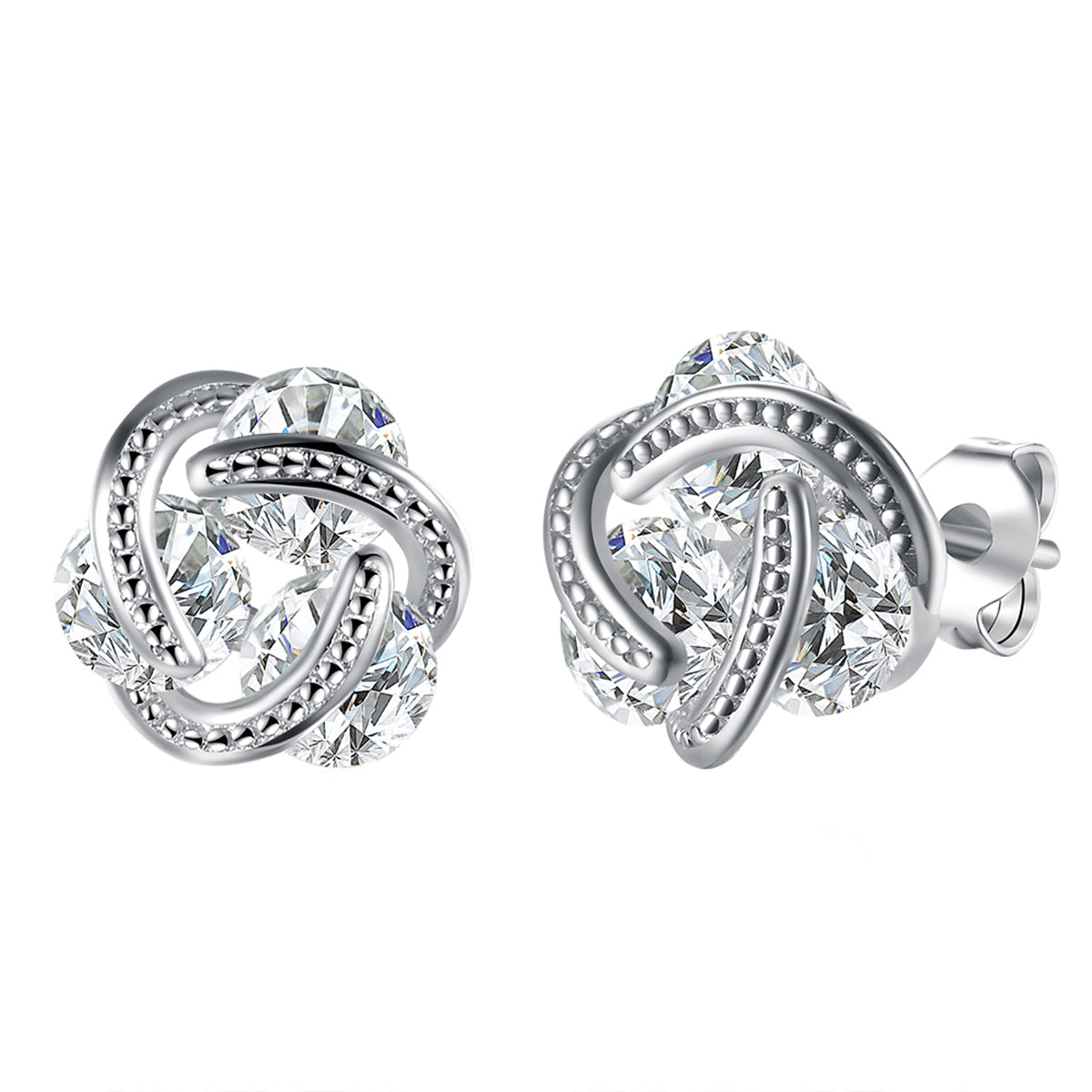 Cubic Zirconia and Silver-Plated Tri-Stone Stud Earrings, silver stud earrings for women, front view