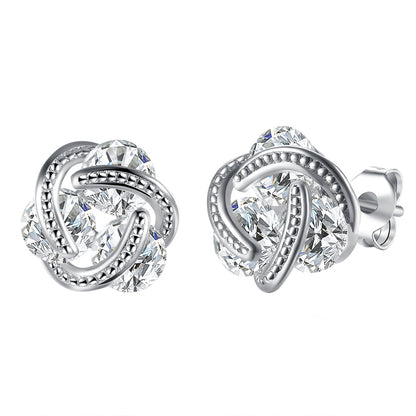 Cubic Zirconia and Silver-Plated Tri-Stone Stud Earrings, silver stud earrings for women, front view