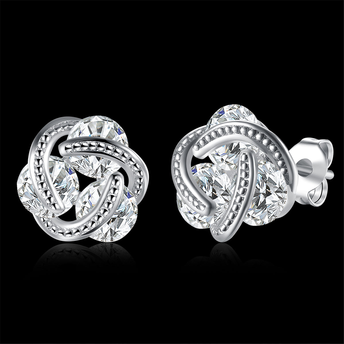 Cubic Zirconia & Silver-Plated Tri-Stone Stud Earrings