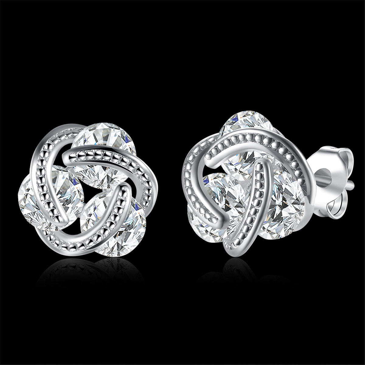 Cubic Zirconia and Silver-Plated Tri-Stone Stud Earrings, silver stud earrings for women, dainty minimalist design, side view