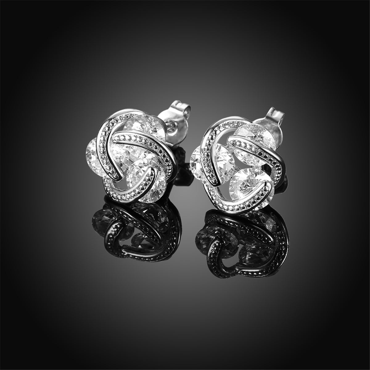 Cubic Zirconia and Silver-Plated Tri-Stone Stud Earrings, silver stud earrings for women, detail close-up