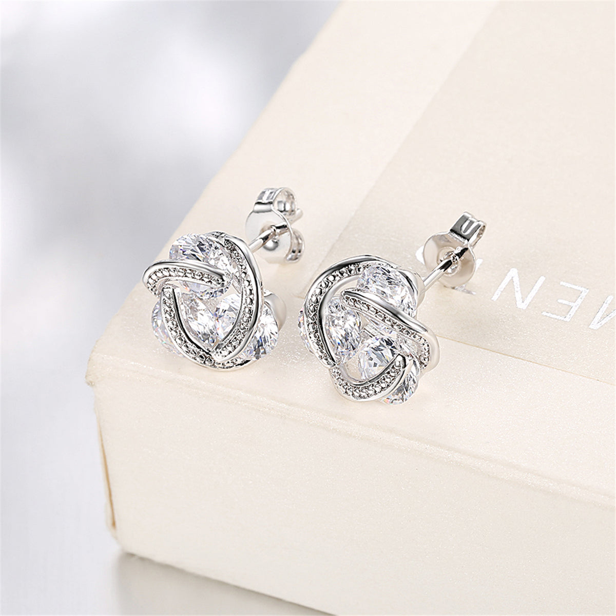 Cubic Zirconia and Silver-Plated Tri-Stone Stud Earrings, silver stud earrings for women, lifestyle look