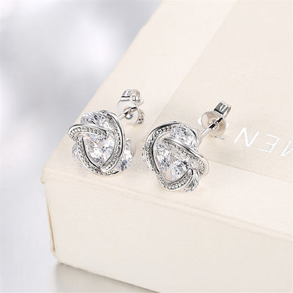 Cubic Zirconia and Silver-Plated Tri-Stone Stud Earrings, silver stud earrings for women, lifestyle look